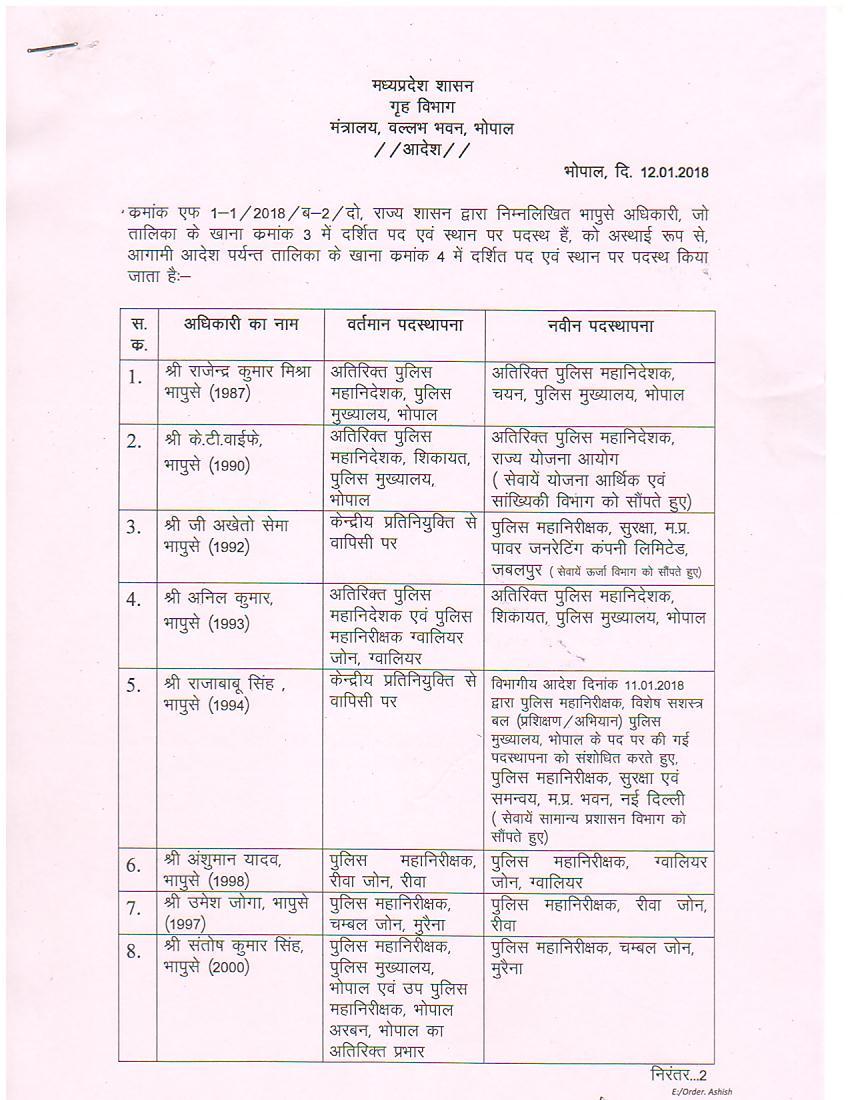 ग्वालियर और चम्बल सम्भाग के आईजी का तबादला